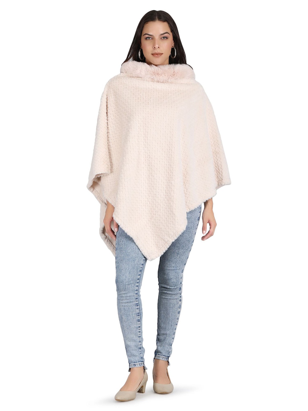 

Stole & Yarn Women Velvet Fur Collar Poncho, Cream