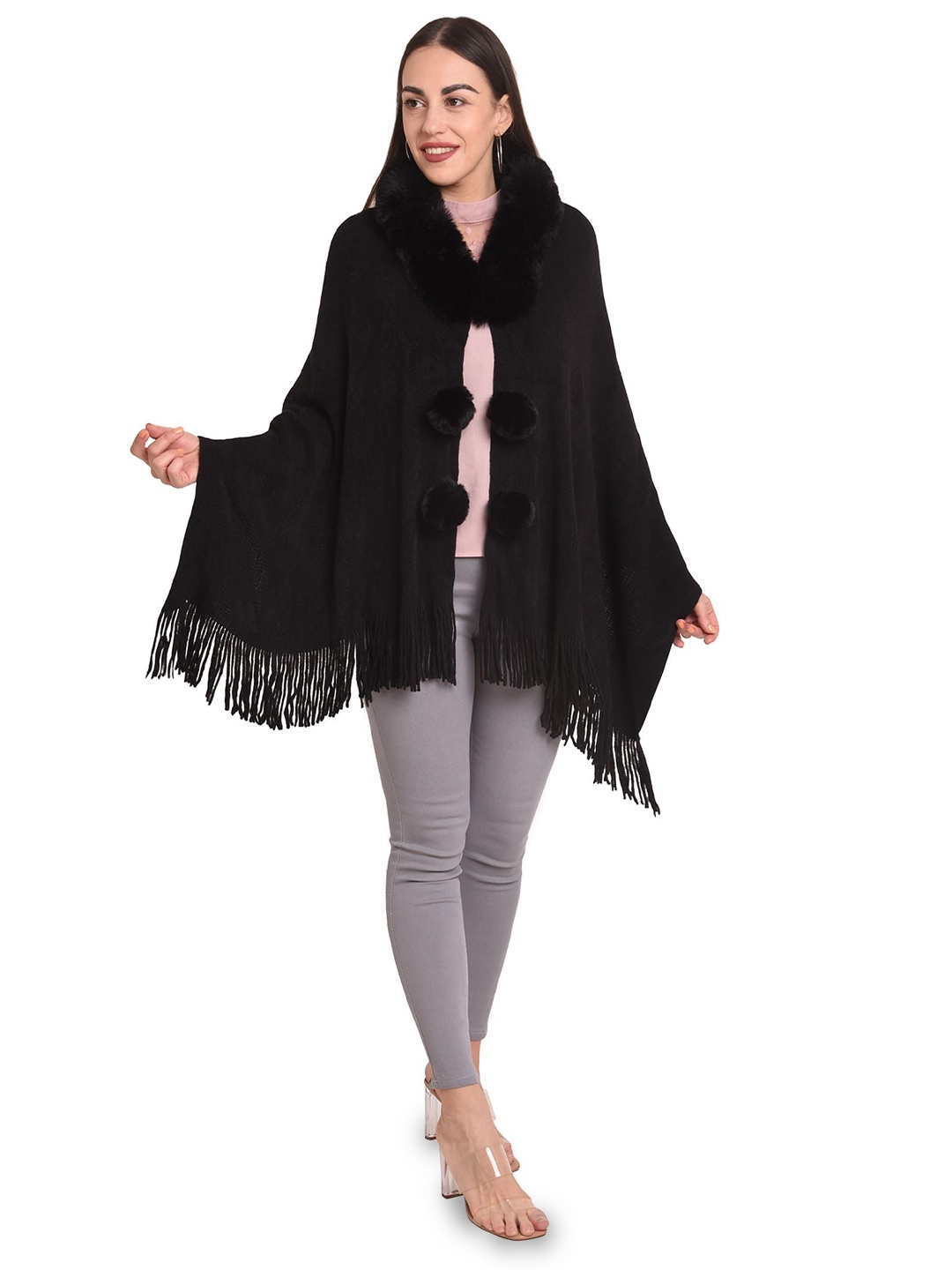 

Stole & Yarn Women Fur Collar & Pom Pom Poncho, Black