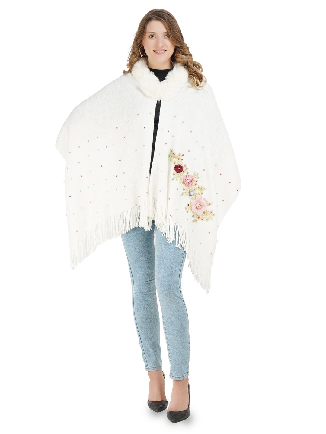 

Stole & Yarn Women Floral Embroidery Fur Collar Poncho, White