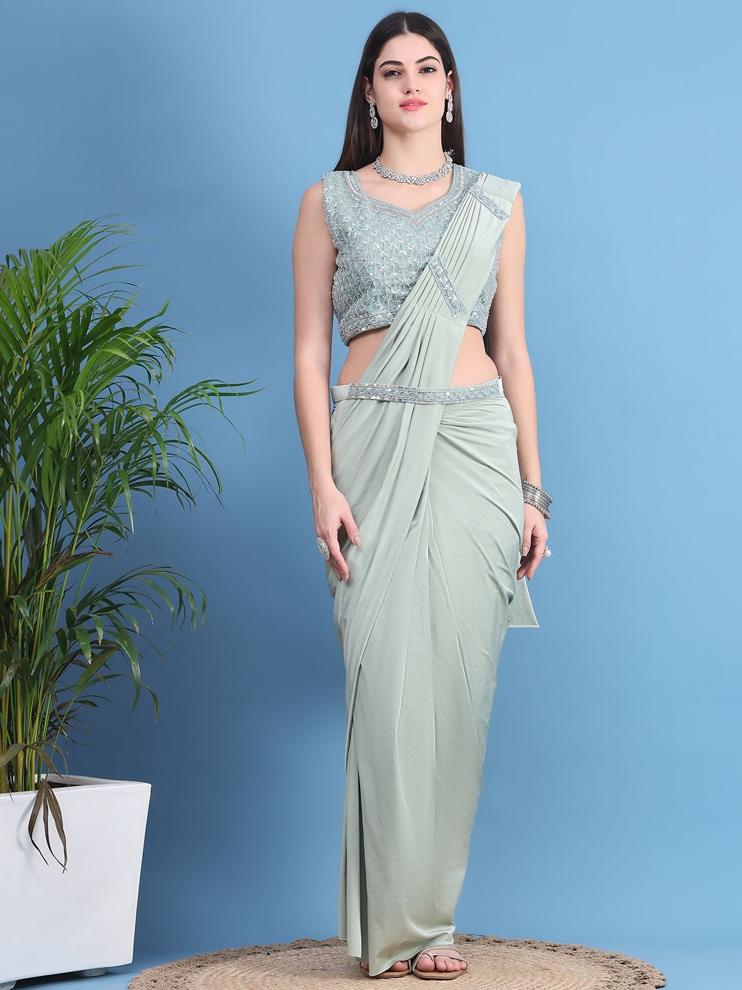 

Mitera Embellished Beads and Stones Ready to Wear Saree, Sea green