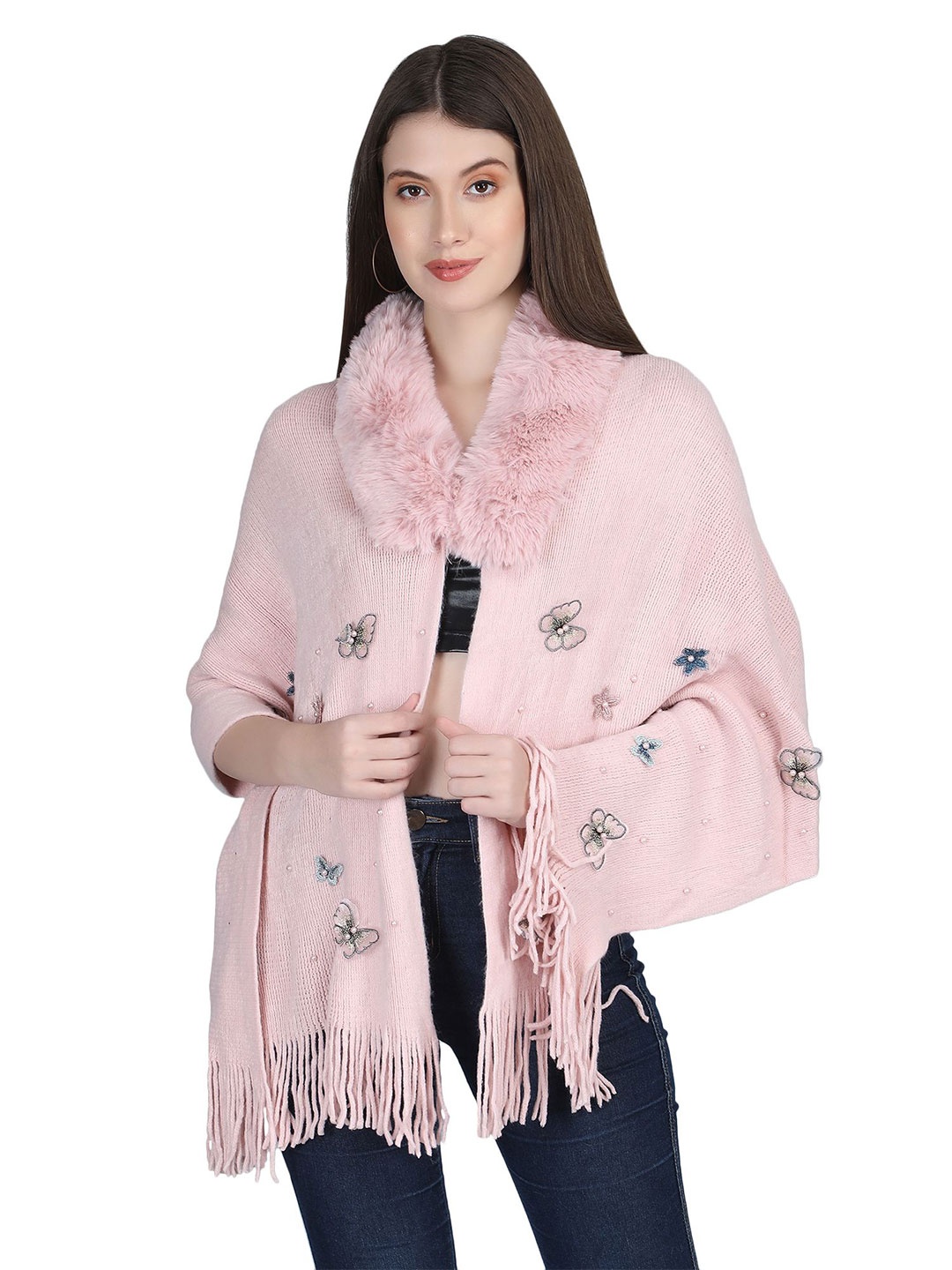 

Stole & Yarn Women Floral Embroidered Butterfly Fur Collar Poncho, Pink