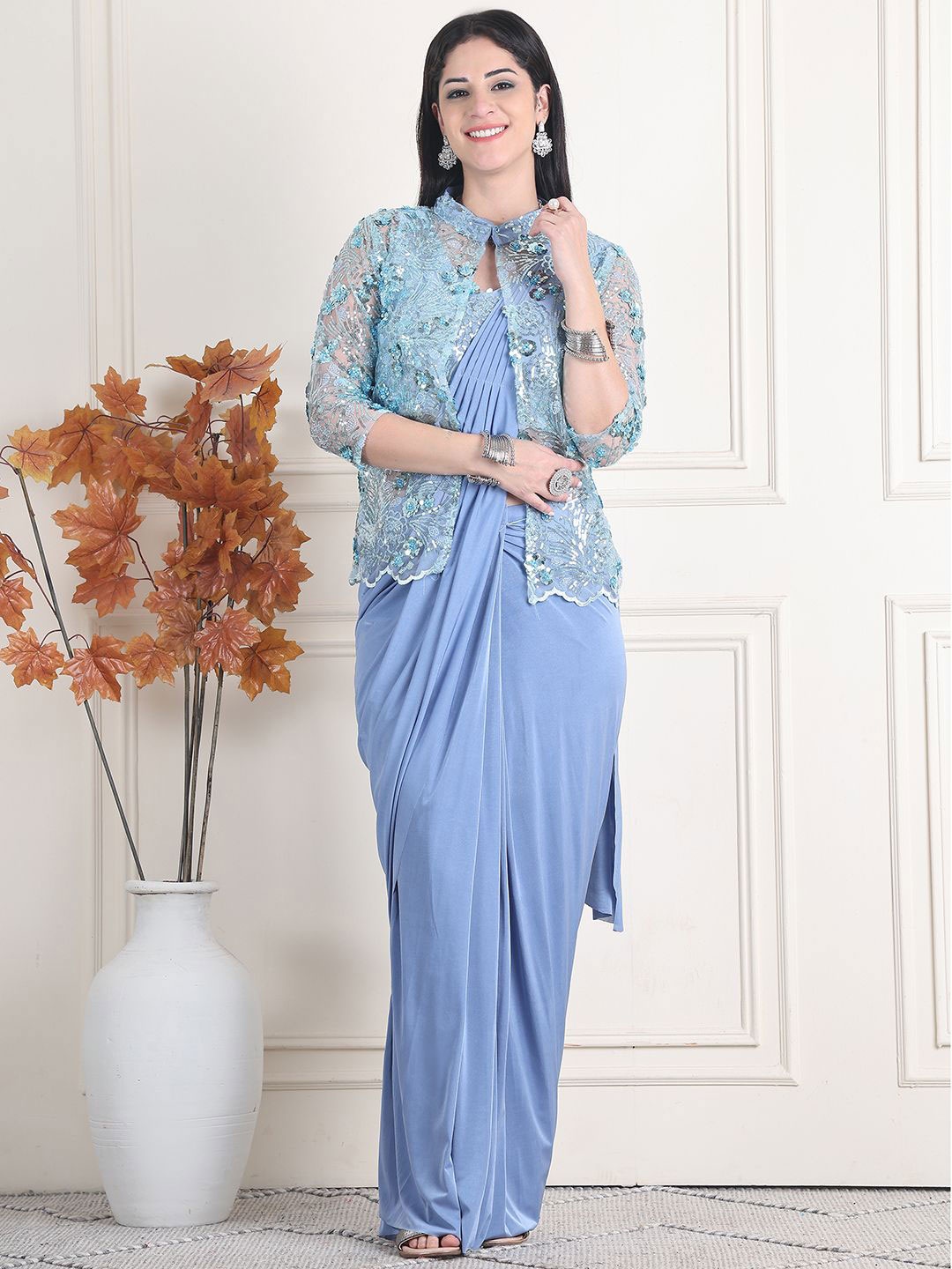 

Mitera Ready to Wear Saree With Sequinned Stitched Blouse, Blue