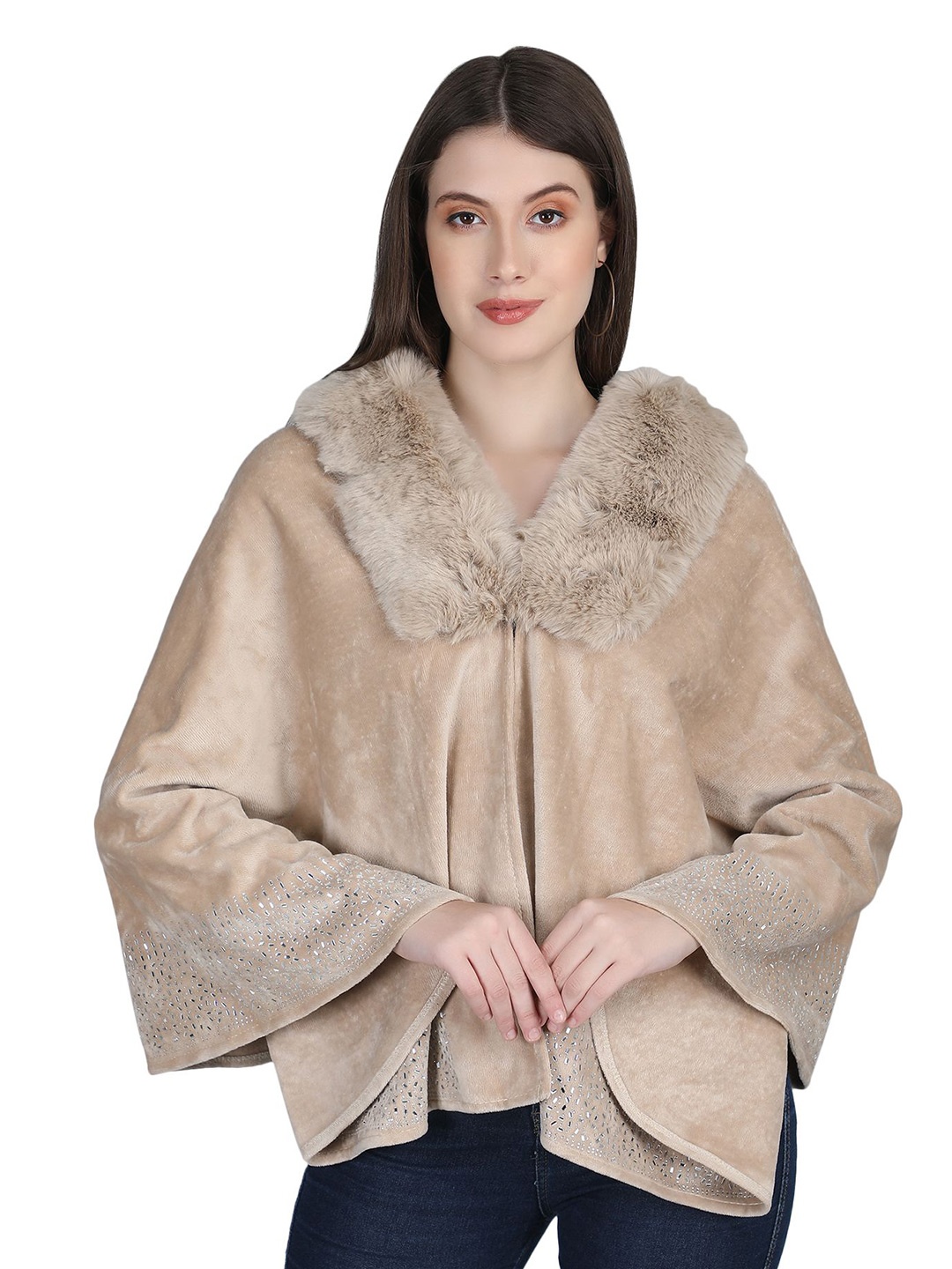 

Stole & Yarn Women Self Design Beige Crystals & Velvet Fur Collar Poncho