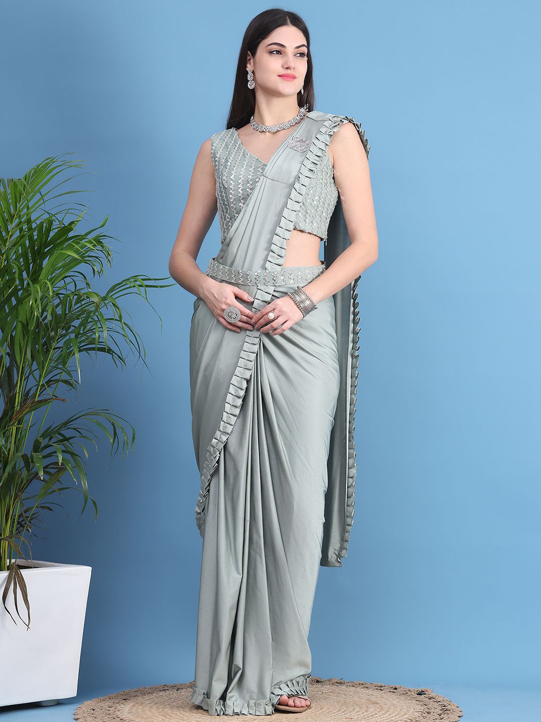 

Mitera Solid Ready to Wear Saree, Grey