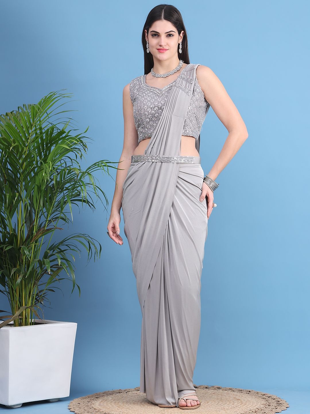 

Mitera Ready to Wear Leheriya Saree, Grey