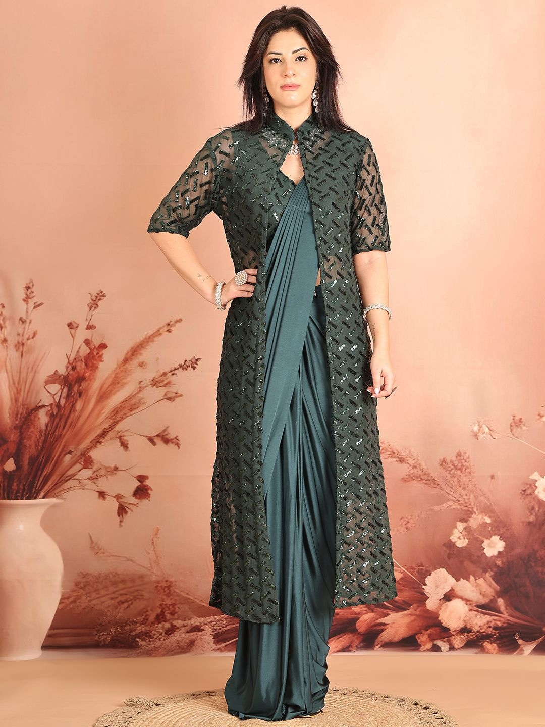 

Mitera Sequinned Ready to Wear Saree With Shrug, Green