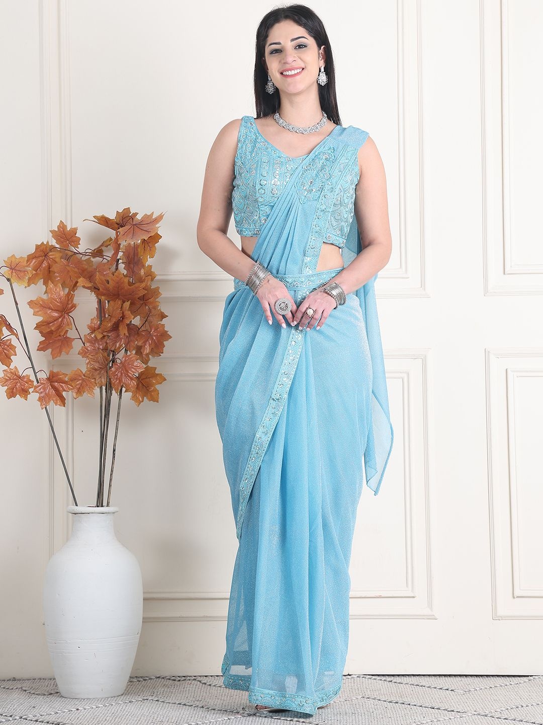 

Mitera Ready to Wear Saree With Stitched Blouse, Blue