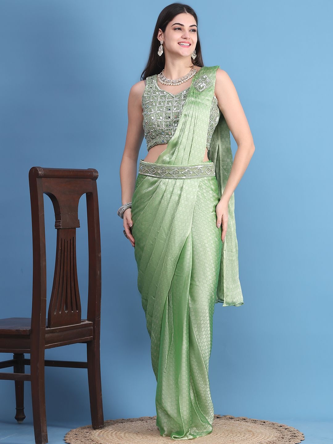 

Mitera Printed Mirror Work Ready to Wear Saree, Sea green