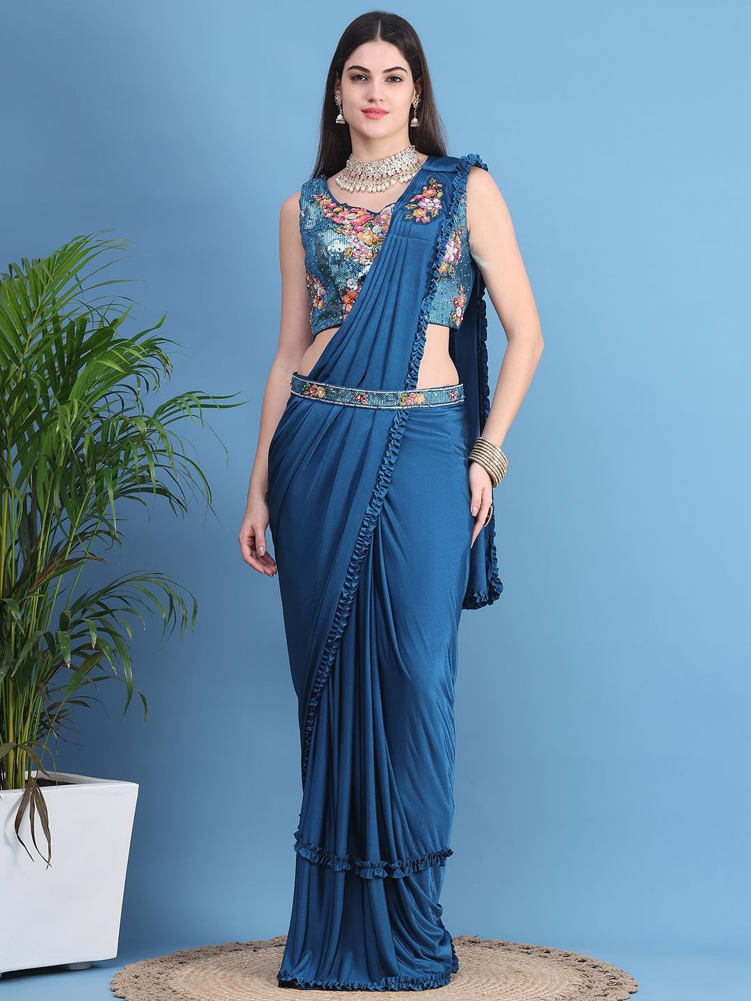 

Mitera Sequinned Ready to Wear Saree, Blue