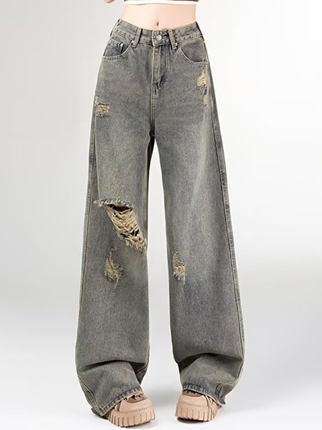 

StyleCast x Revolte Women Straight Fit Highly Distressed Light Fade Jeans, Blue
