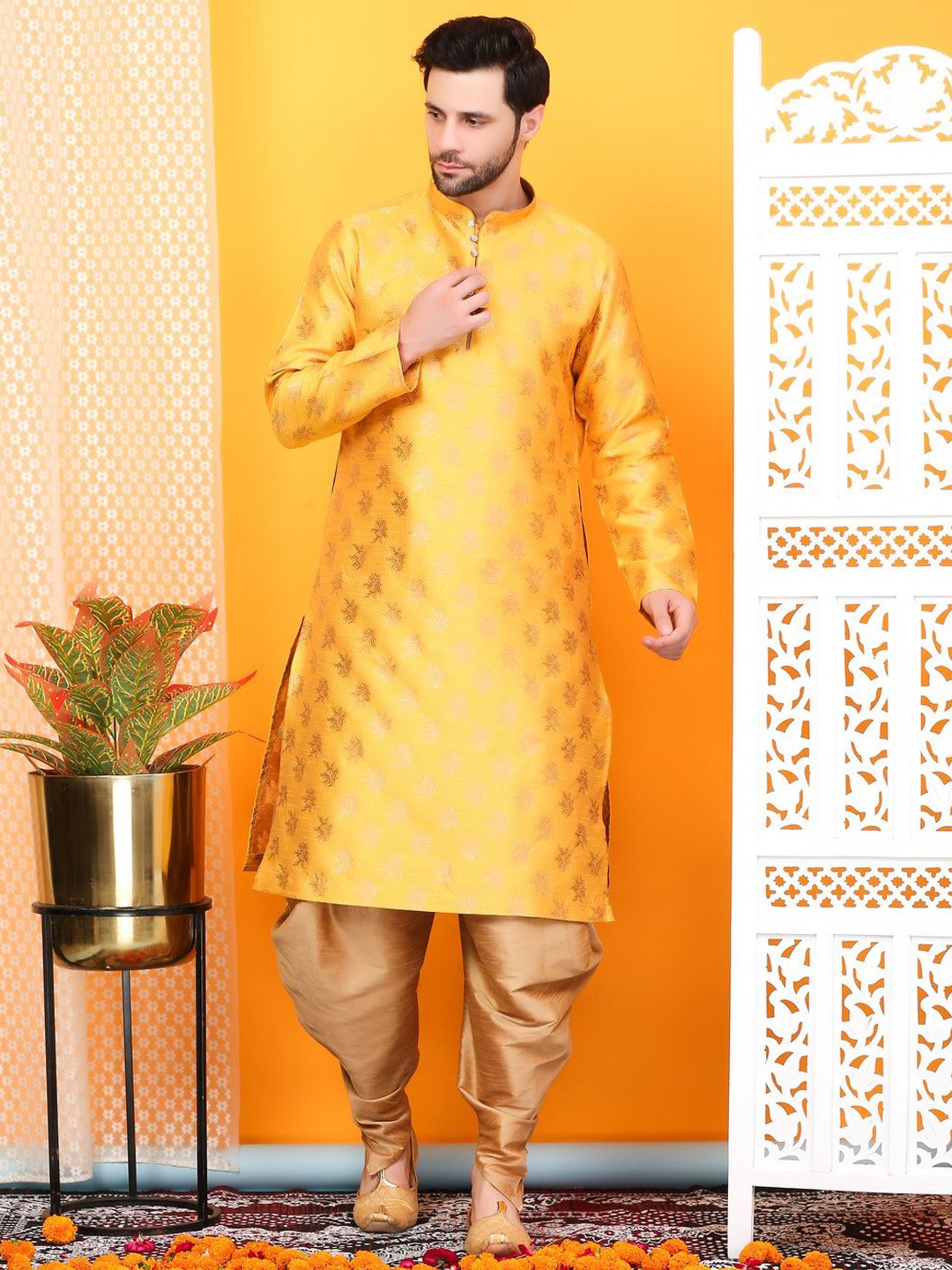 

Larwa Floral Woven Design Mandarin Collar Jacquard Straight Kurta With Dhoti Pants, Yellow