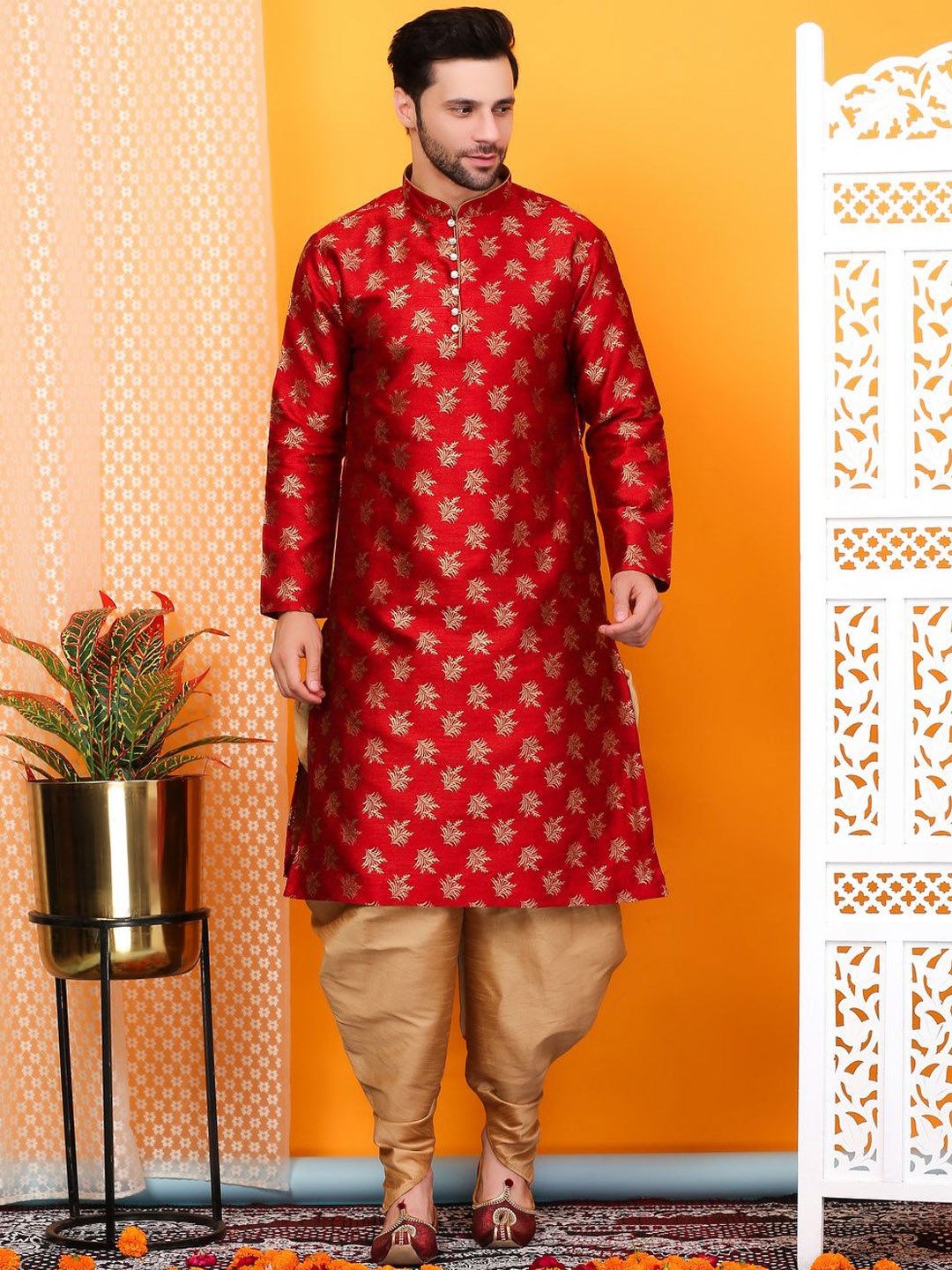 Larwa Floral Woven Design Mandarin Collar Kurta with Dhoti Pant, Maroon