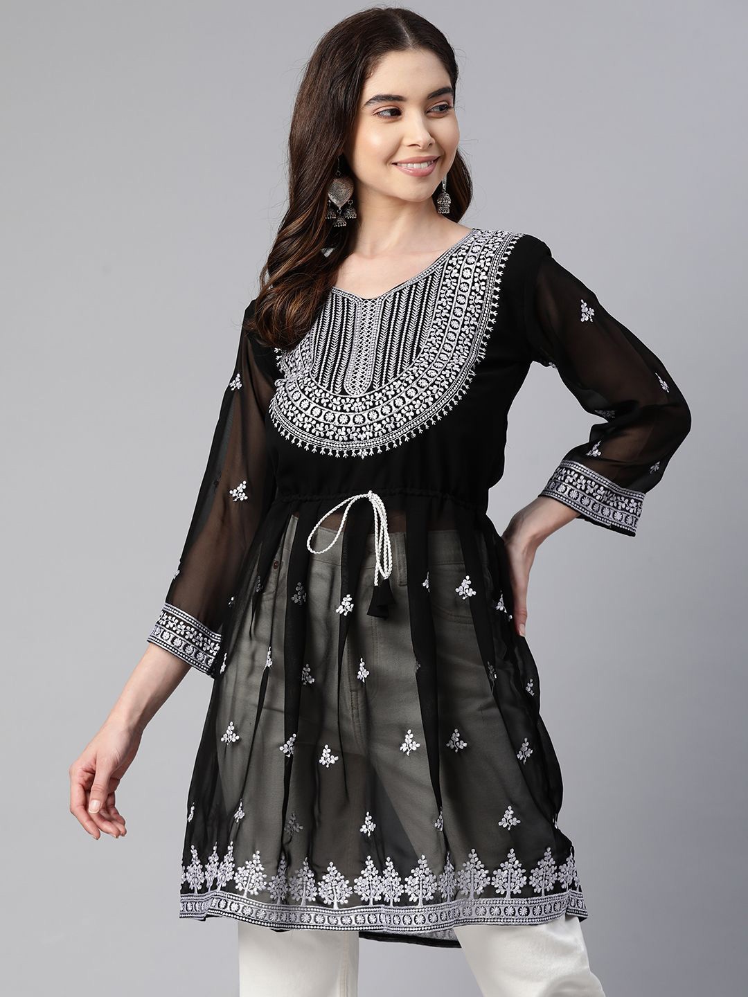 

Bhanderi Fashion Embroidered Georgette Longline A-Line Top, Black