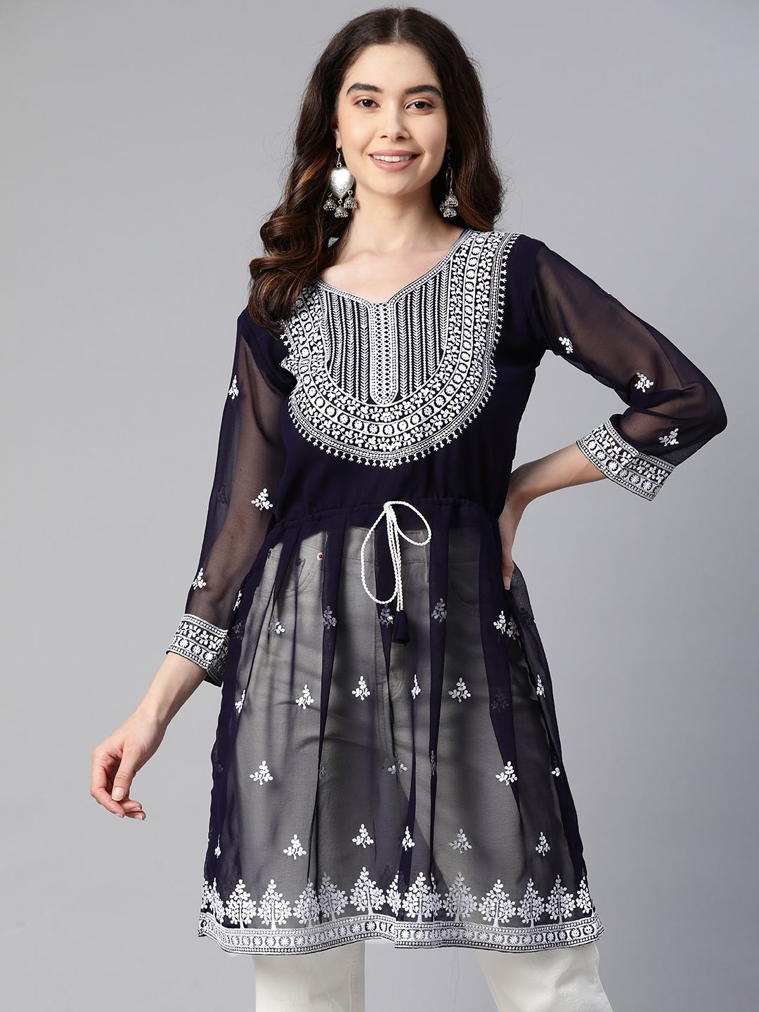 

Bhanderi Fashion Women Embroidered Self Design Longline Top, Blue