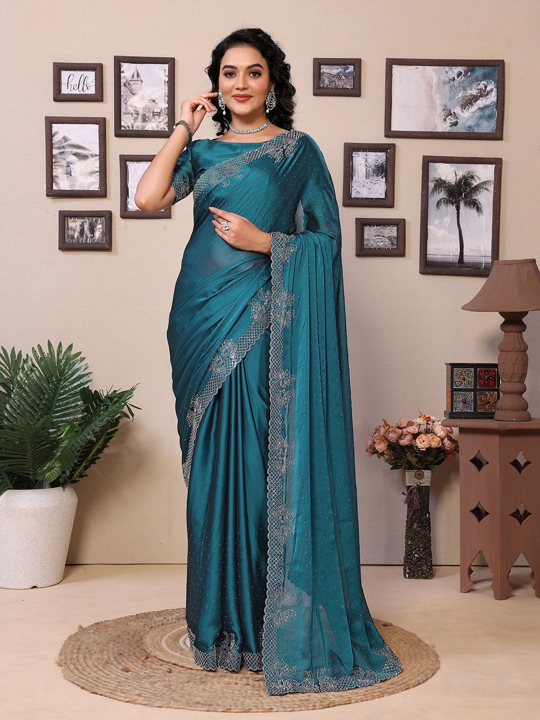 

Mitera Embellished Beads and Stones Saree, Teal