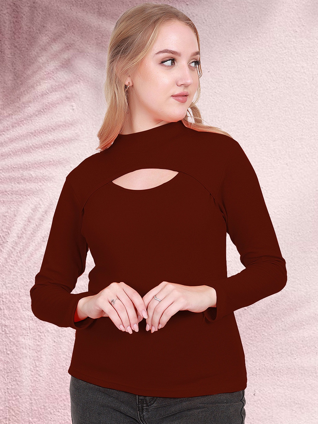 

BAESD Cut Out Detail Round Neck Top, Maroon