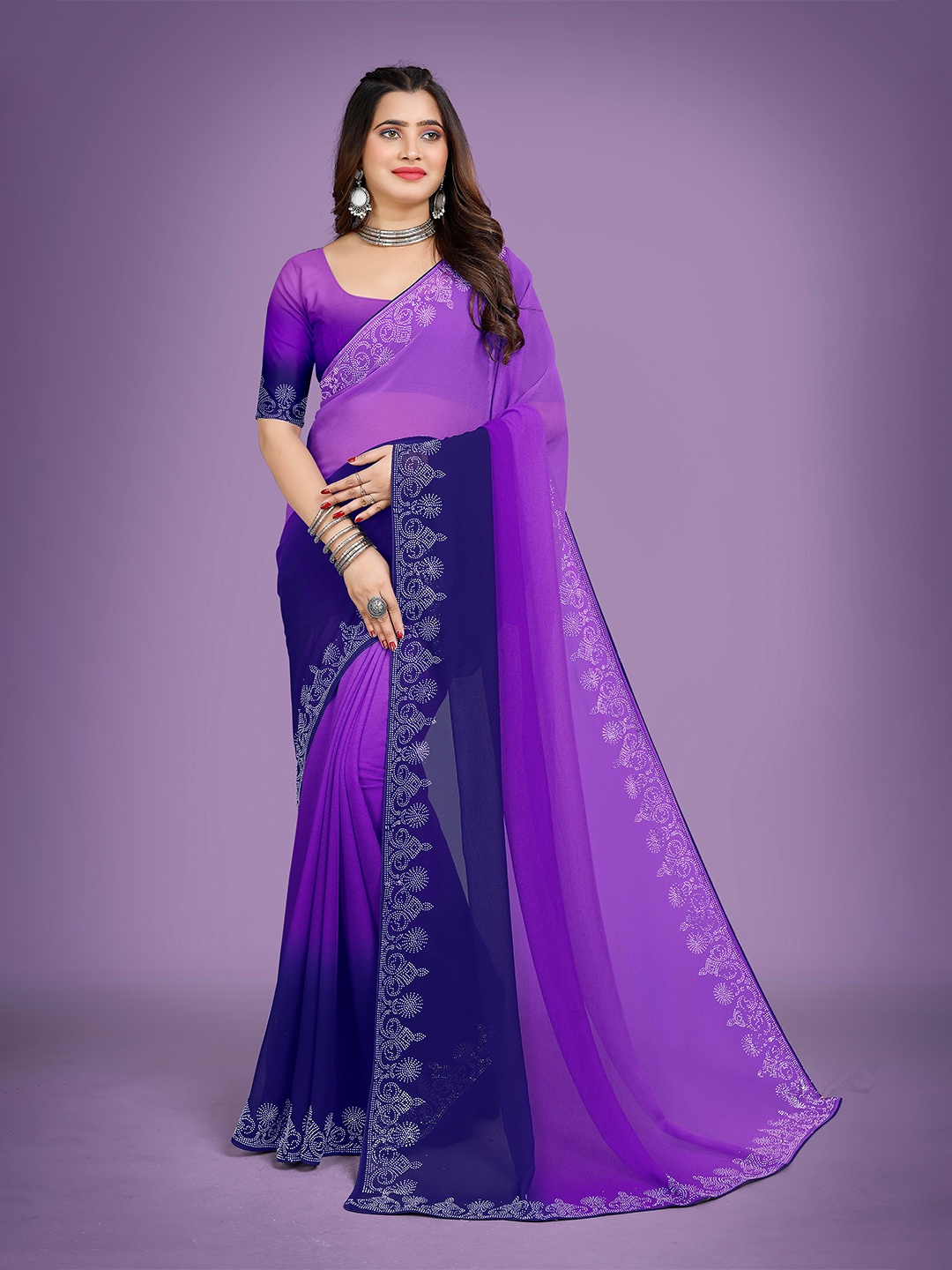 

Zeekha Ombre Beads and Stones Pure Georgette Saree, Blue