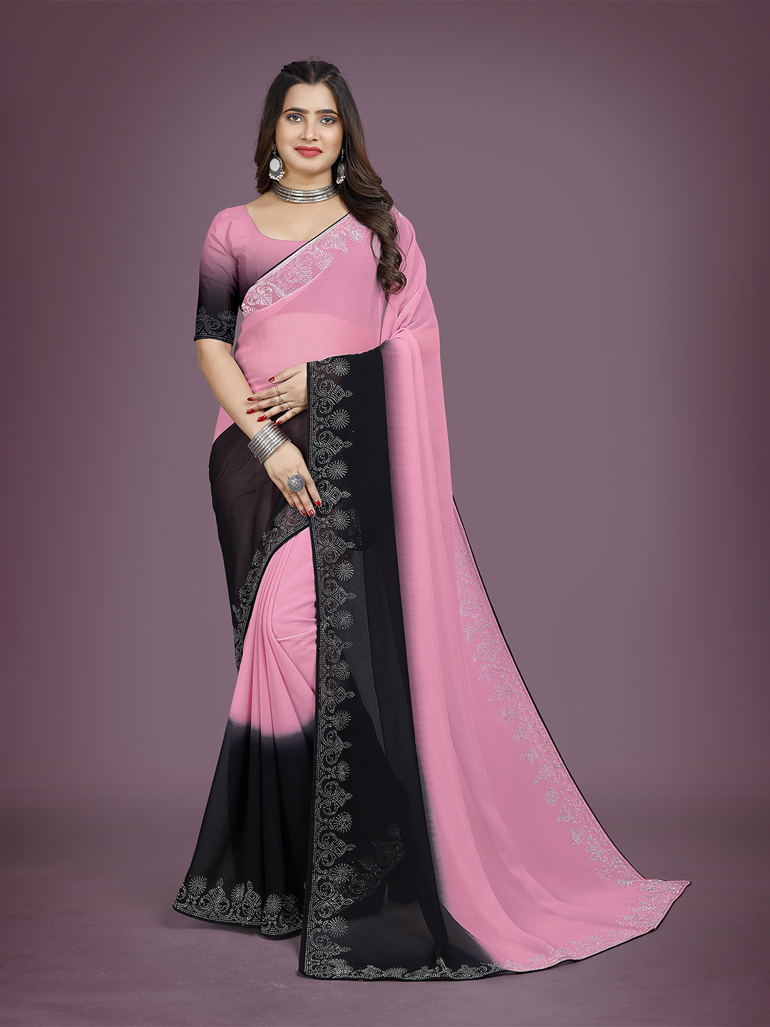 

Zeekha Colourblocked Beads and Stones Pure Georgette Heavy Work Saree, Pink