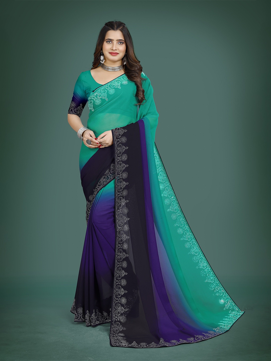 

Zeekha Colourblocked Beads and Stones Pure Georgette Designer Saree, Green