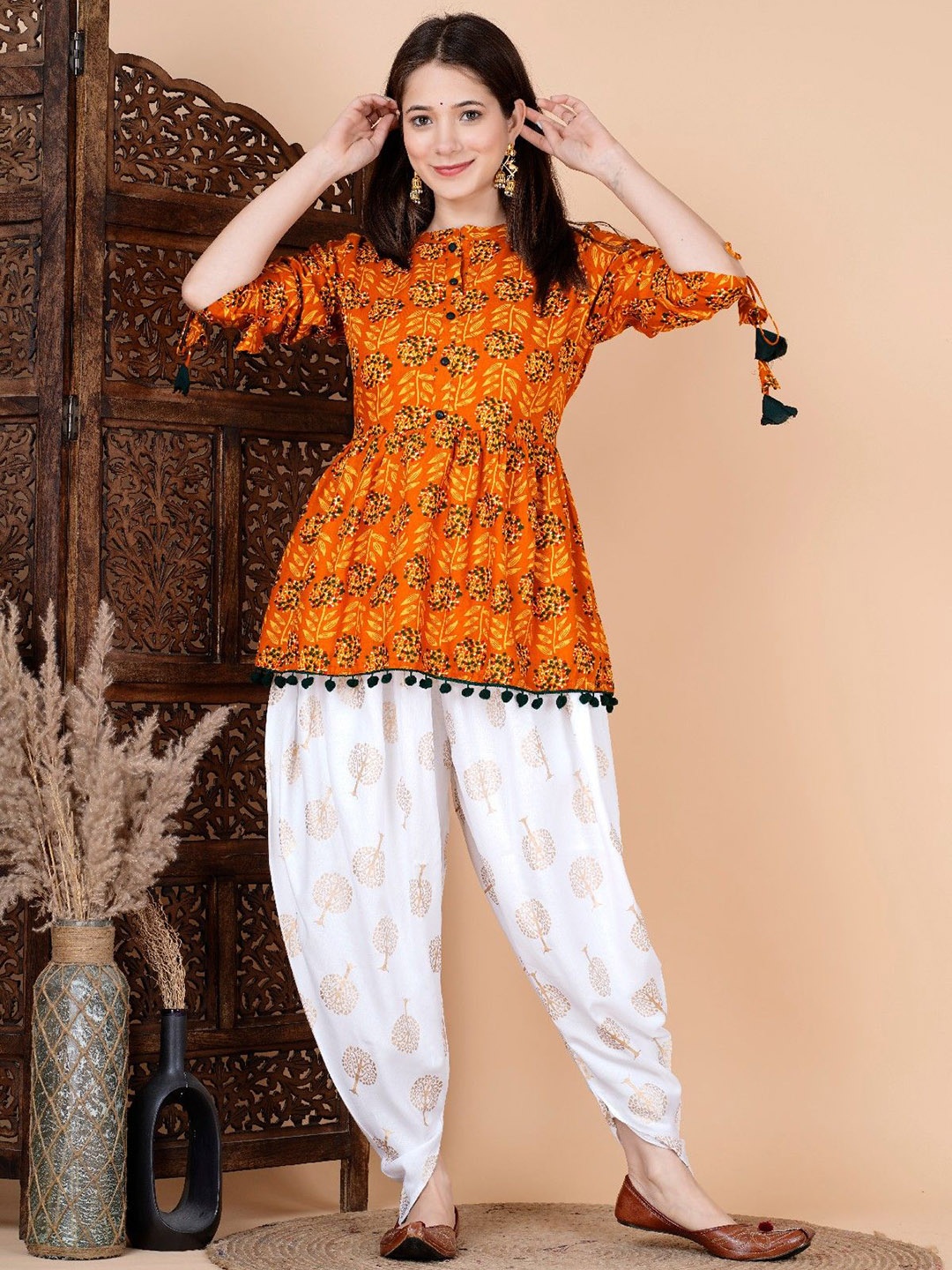 

Royal Marque Floral Printed Panelled A-Line Kurti with Dhoti Pants, Mustard