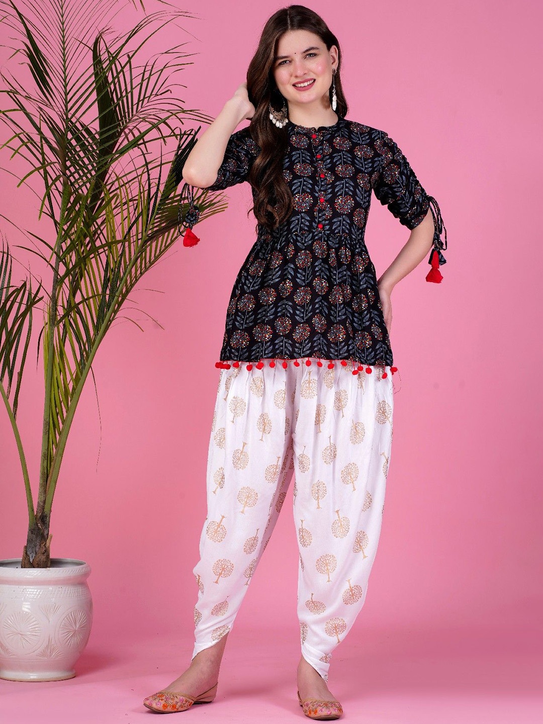 

Royal Marque Floral Printed A-Line Kurti with Dhoti Pants, Black