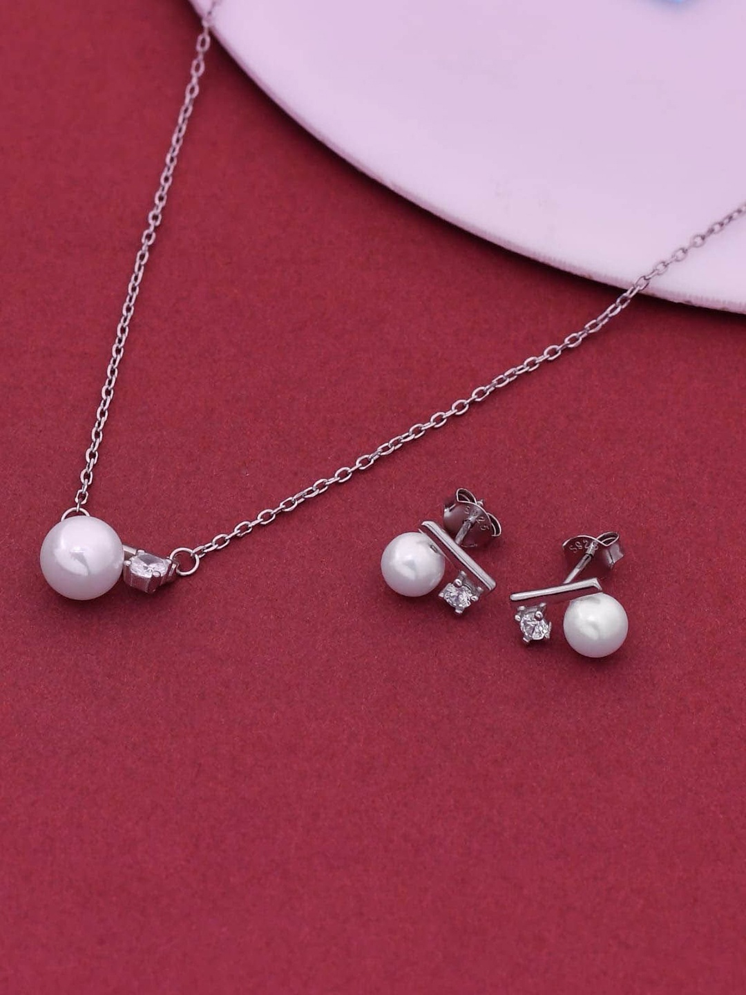 

SILMORA Silver Plated Pearls Studded Jewellery Set