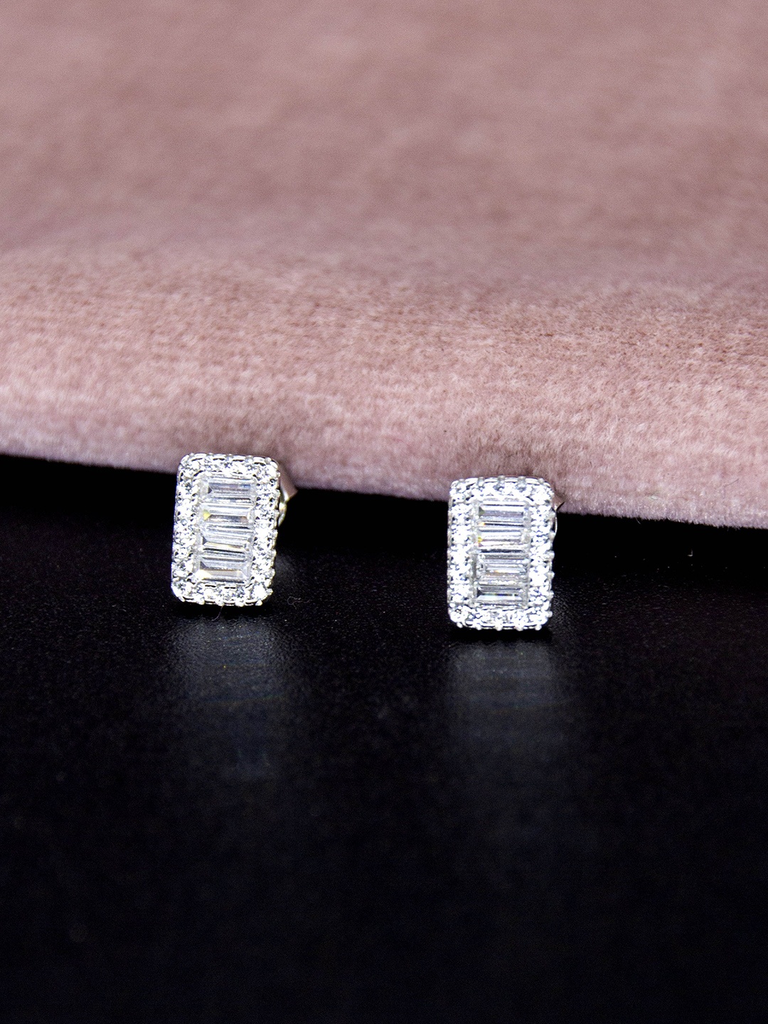 

SILMORA Silver-Plated Cubic Zirconia Stone Studded Square Shaped Studs