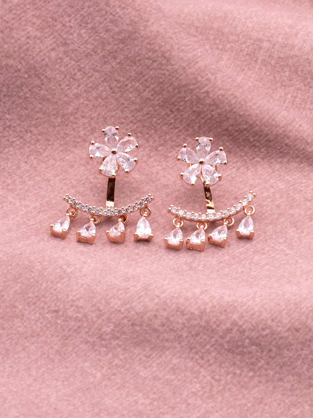 

SILMORA Silver-Plated Cubic Zirconia Stone Studded Floral Shaped Drop Earrings