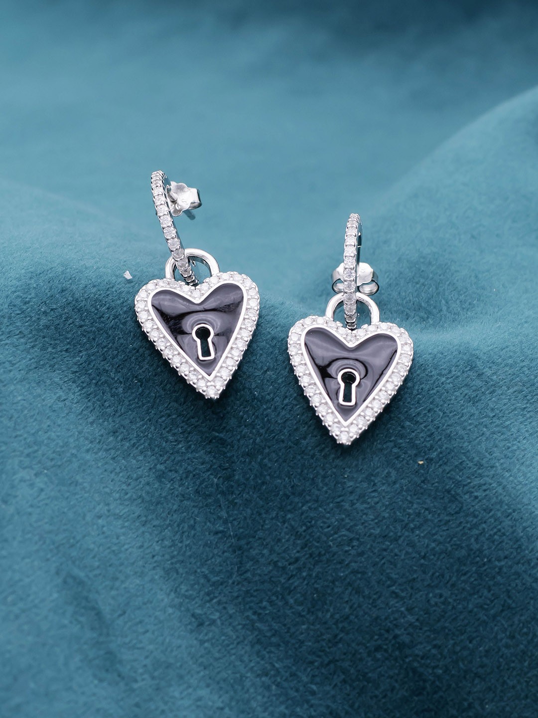 

SILMORA Silver-Plated Cubic Zirconia Studded Heart Shaped Half hoop Earrings