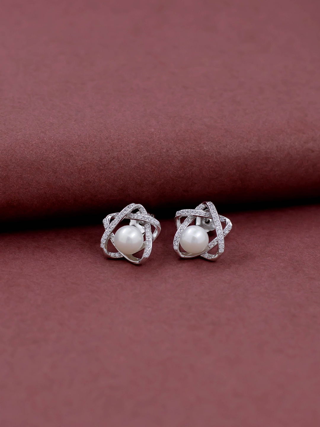 

SILMORA Silver-Plated Pearls,Cubic Zirconia Stone Studded Contemporary Shaped Studs
