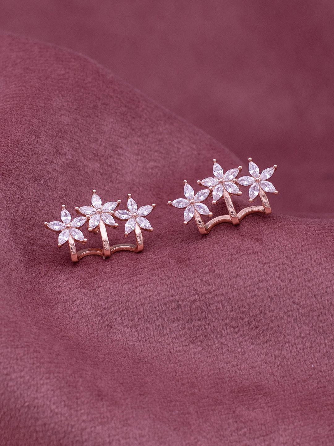 

SILMORA Rose Gold-Plated Cubic Zirconia Stone Studded Floral Shaped Studs