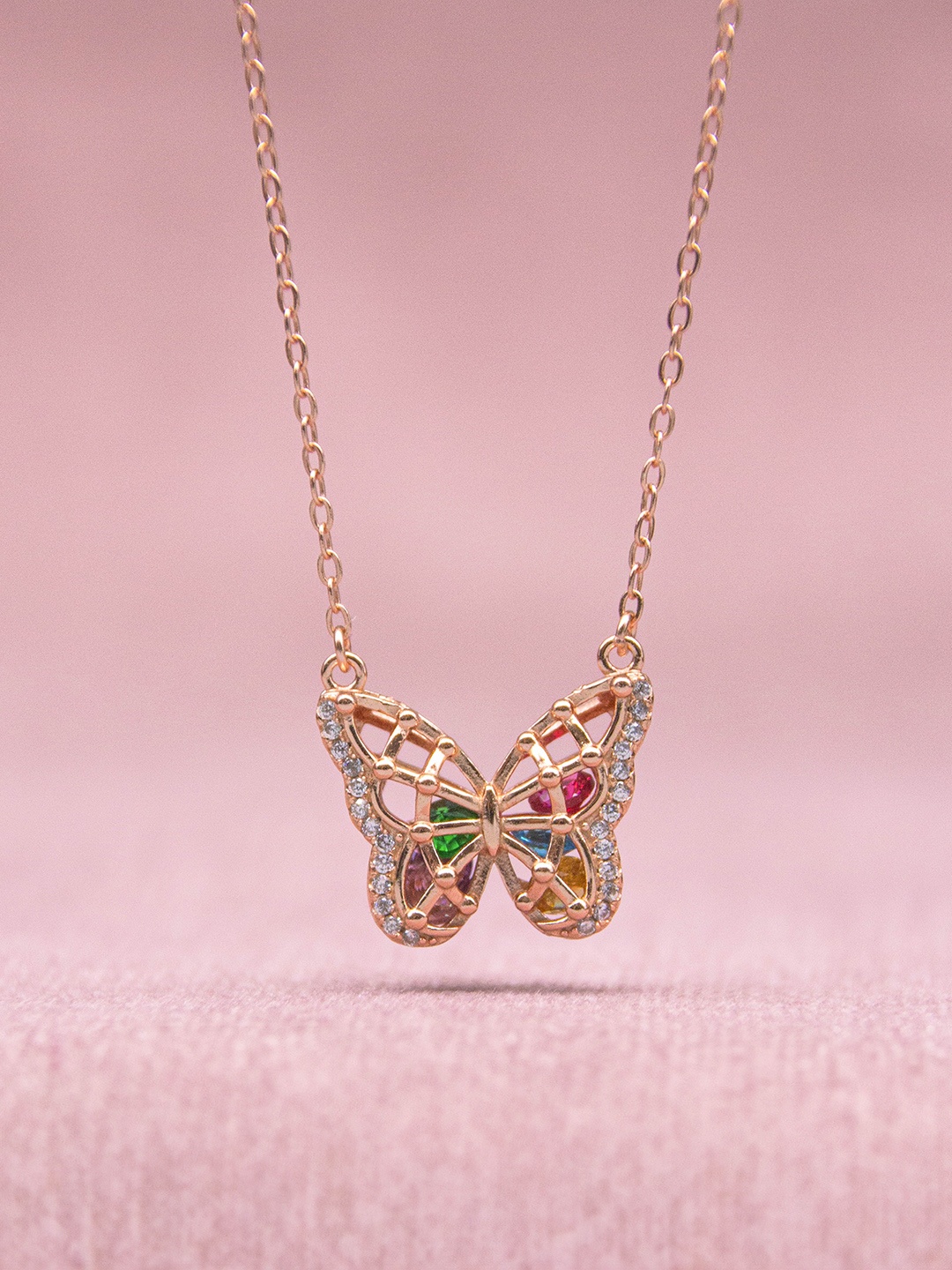 

SILMORA Rose Gold-Plated Cubic Zirconia Stone Studded Butterfly Shaped Pendant with Chain