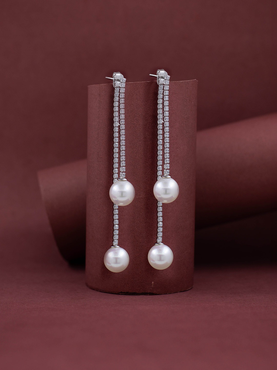 

SILMORA Silver-Plated Pearl Stone Studded Contemporary Shaped Drop Earrings