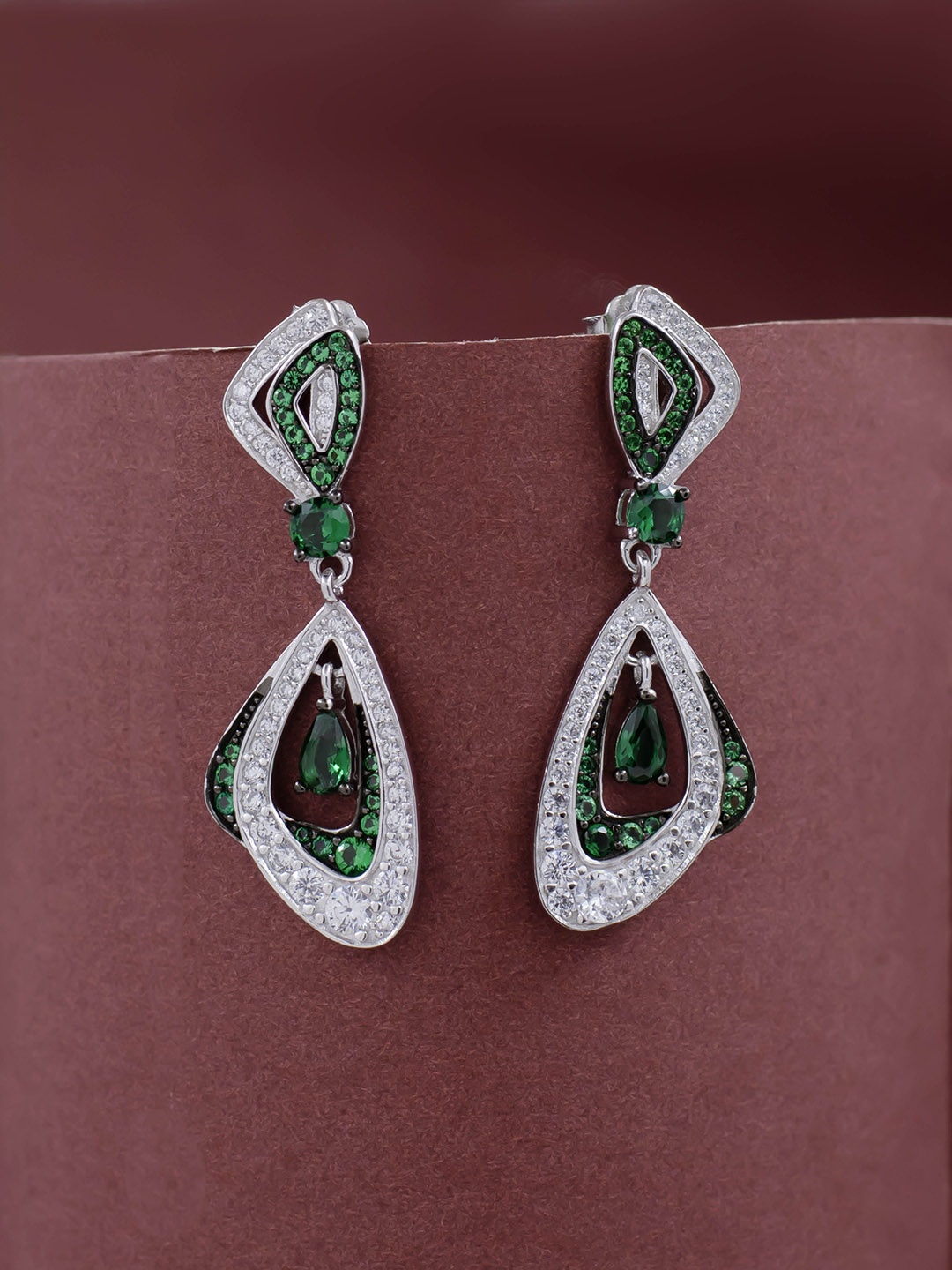 

SILMORA Silver-Plated Cubic Zirconia Studded Contemporary Shaped Drop Earrings