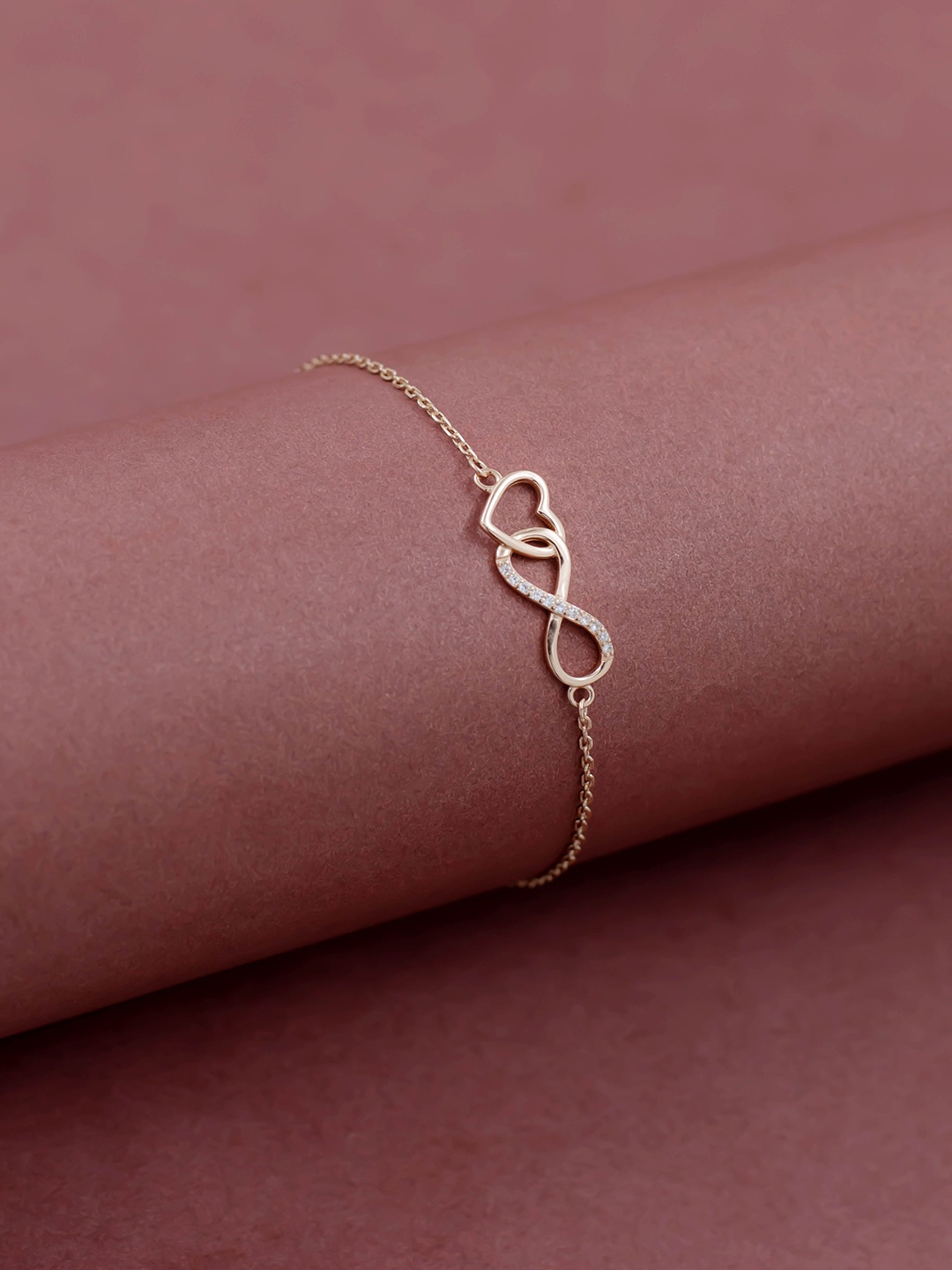 

SILMORA Silver Cubic Zirconia Studded Rose Gold-Plated Link Bracelet