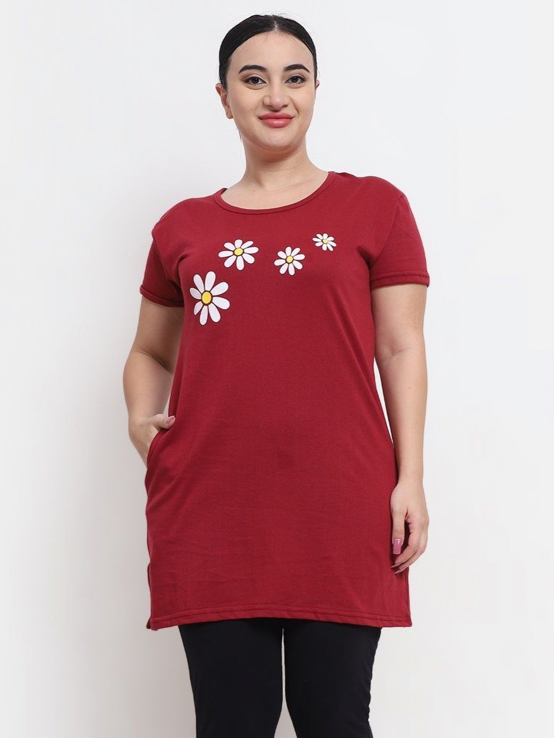 

YYCLOTHING Women Floral Printed Cotton Casual T-shirt, Maroon