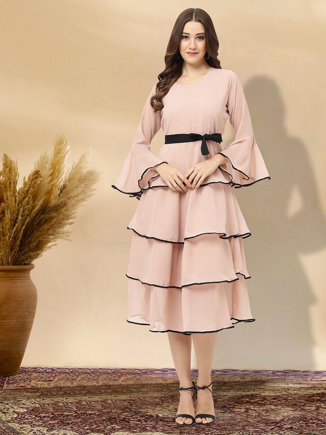 

MISS AYSE Women Applique Fit & Flare Dress, Peach