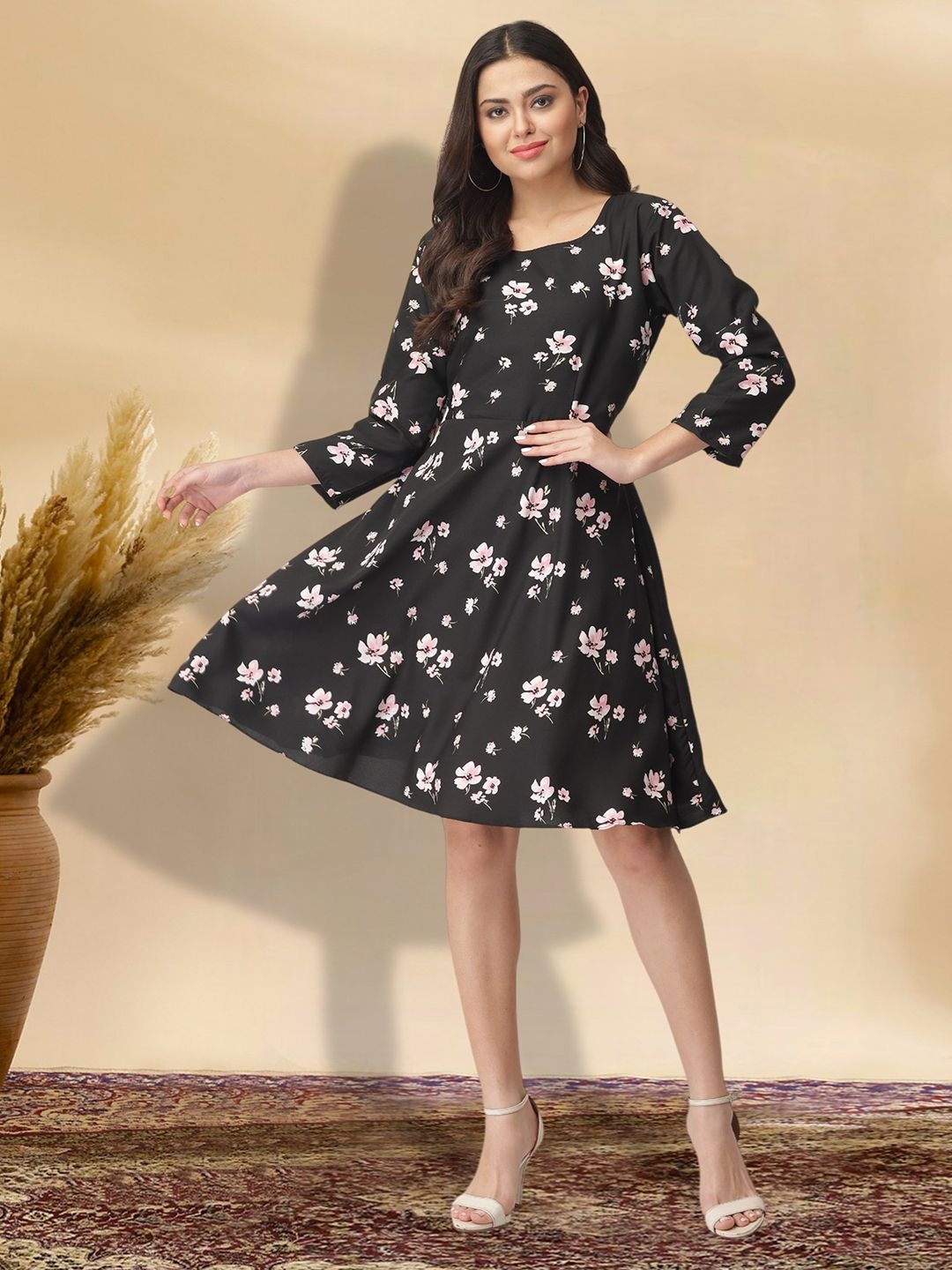 

MISS AYSE Women Floral Print Applique Fit & Flare Dress, Black