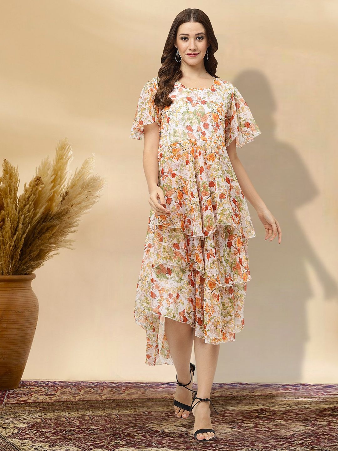 

MISS AYSE Women Floral Printed Cotton Layered Fit & Flare Dress, Cream