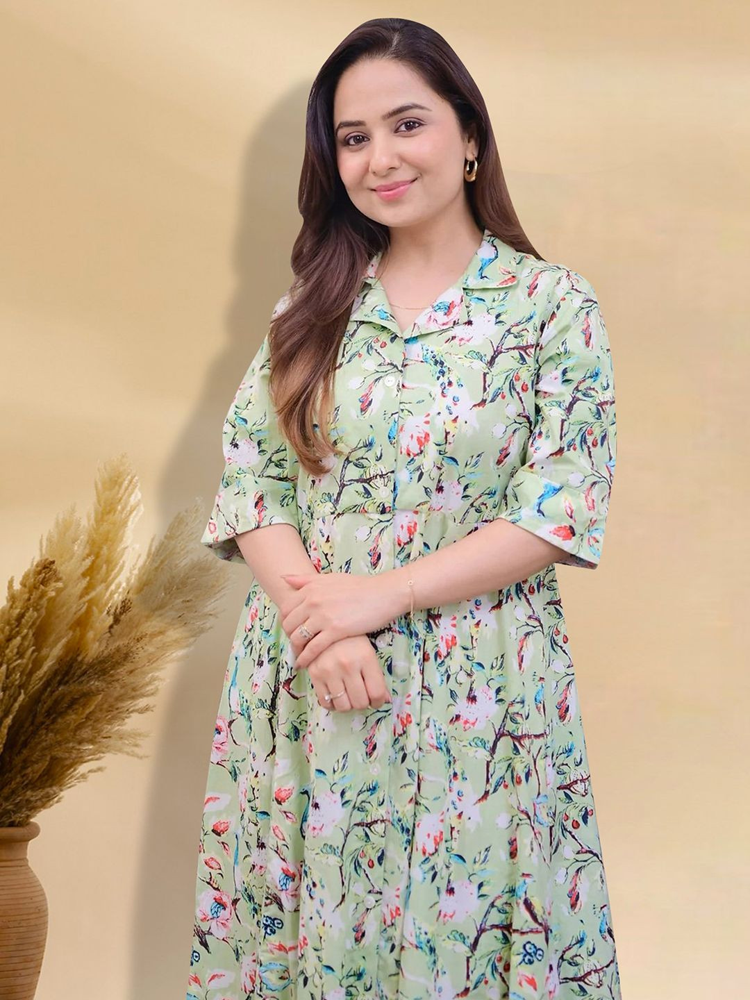 

MISS AYSE Floral Printed Shirt Collar Fit & Flare Dress, Green