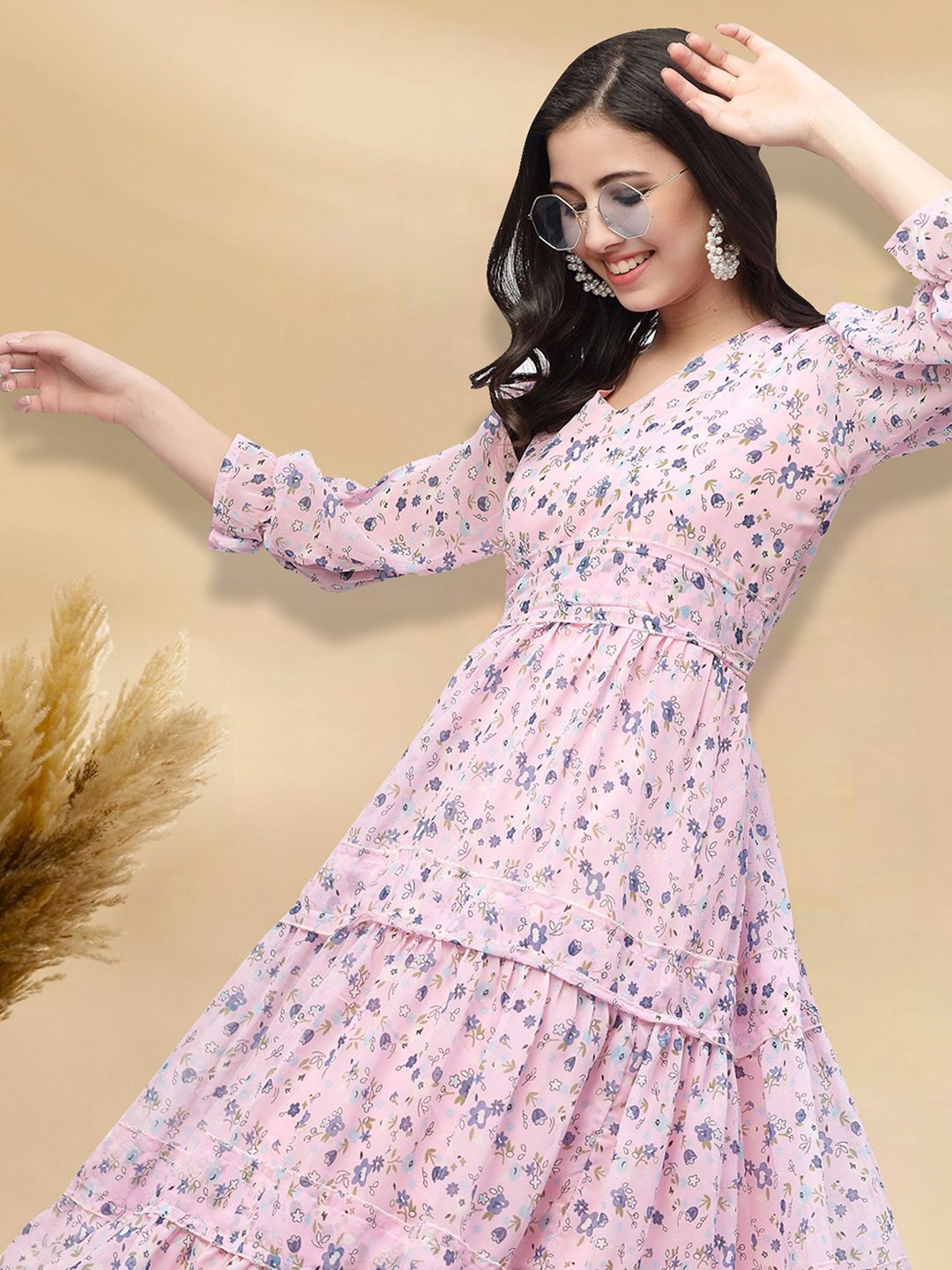 

MISS AYSE Women Floral Print Applique Fit & Flare Dress, Pink