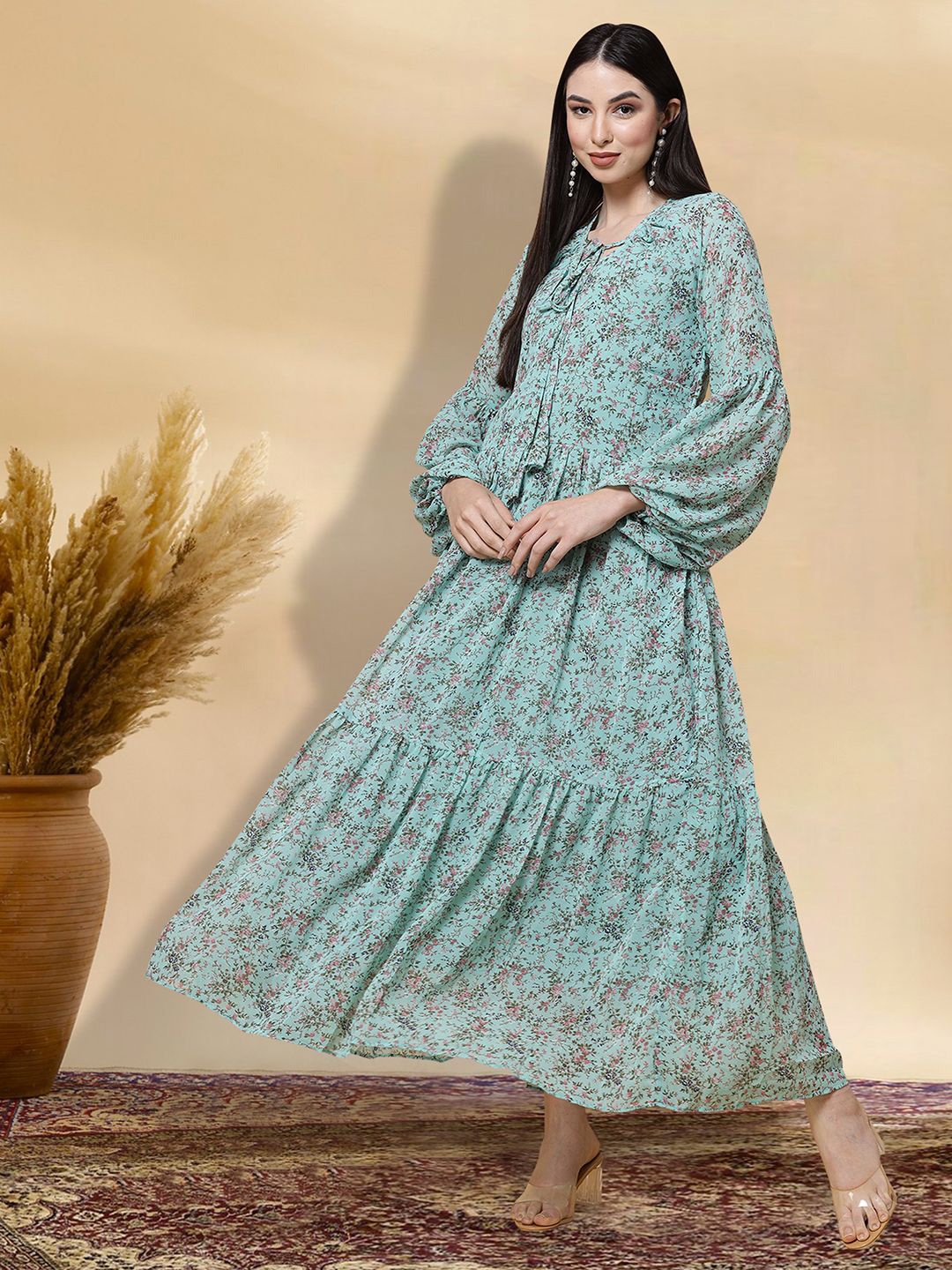 

MISS AYSE Women Floral Printed Cotton Fit & Flare Maxi Dress, Blue