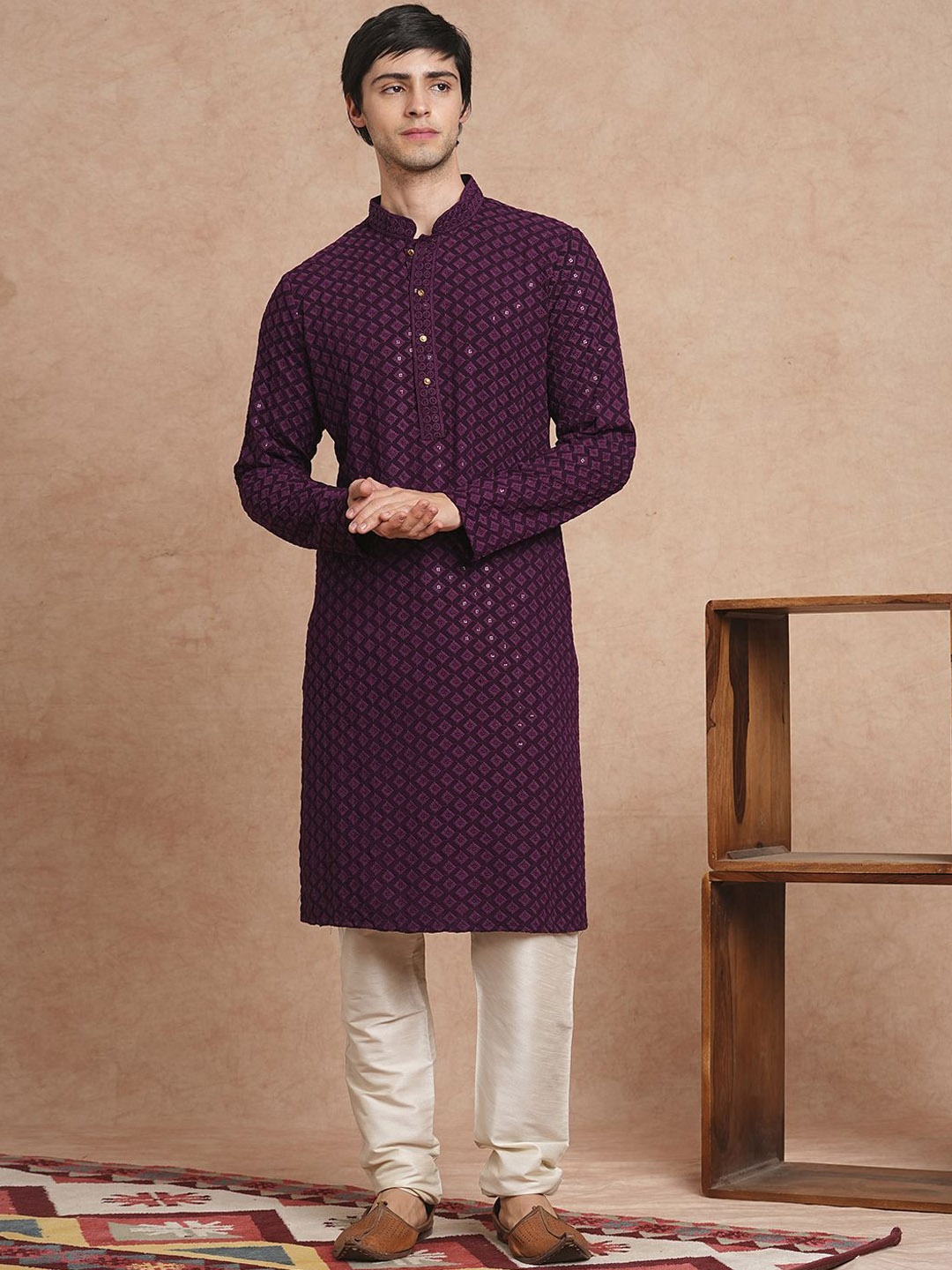 

SWAGG INDIA Geometric Embroidered Mandarin Collar Sequinned Straight Kurta, Purple