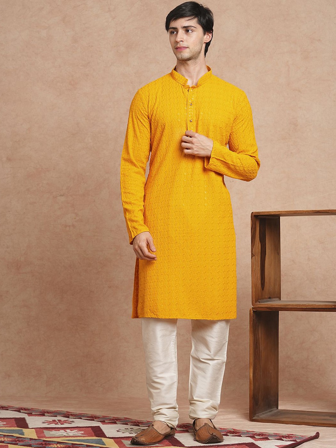 

SWAGG INDIA Geometric Embroidered Mandarin Collar Sequinned Straight Kurta, Mustard