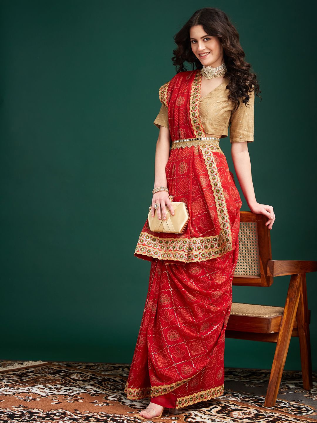 

MAHALASA Bandhani Zari Pure Georgette Designer Bandhani Saree, Red