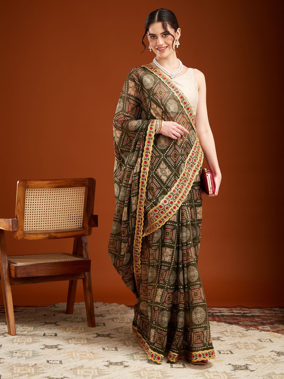 

MAHALASA Ethnic Motifs Zari Bandhani Saree, Green