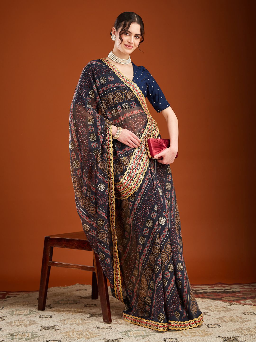

MAHALASA Bandhani Zari Pure Georgette Designer Bandhani Saree, Blue