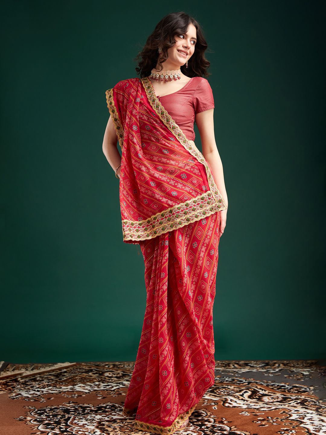 

MAHALASA Ethnic Motifs Embroidered Pure Georgette Bandhani Saree, Pink