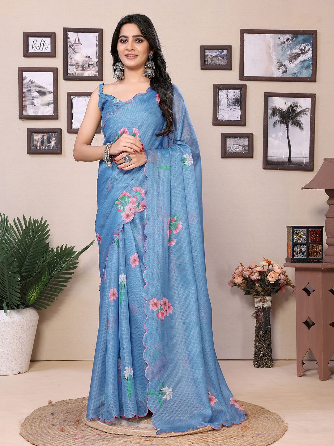 

Panzora Floral Printed Embroidered Ready to Wear Saree, Blue