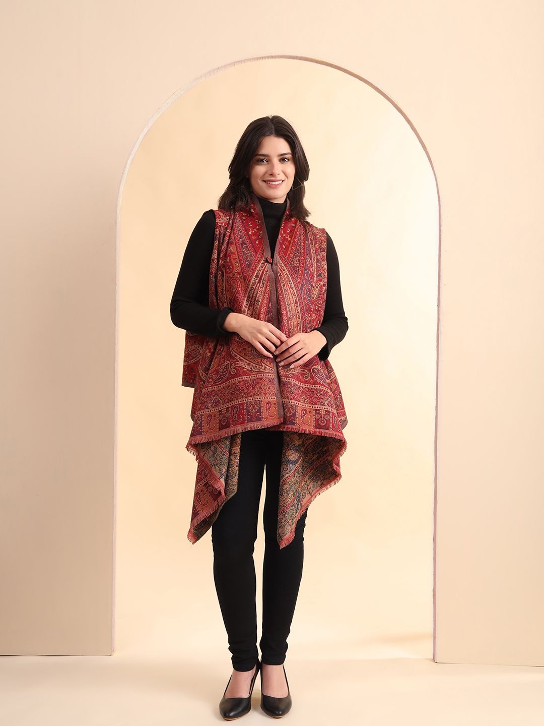 

Zamour Printed Longline Bohemian Button Shrug, Maroon